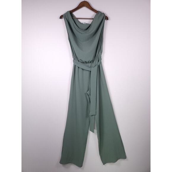 ZARA Sage Green Cowl Neck Wide Leg Jumpsuit with Belt – Size M - Picture 3 of 13